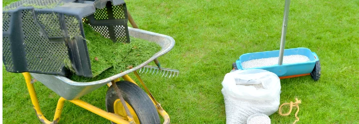 Gartengeräte und Dünger auf Rasen